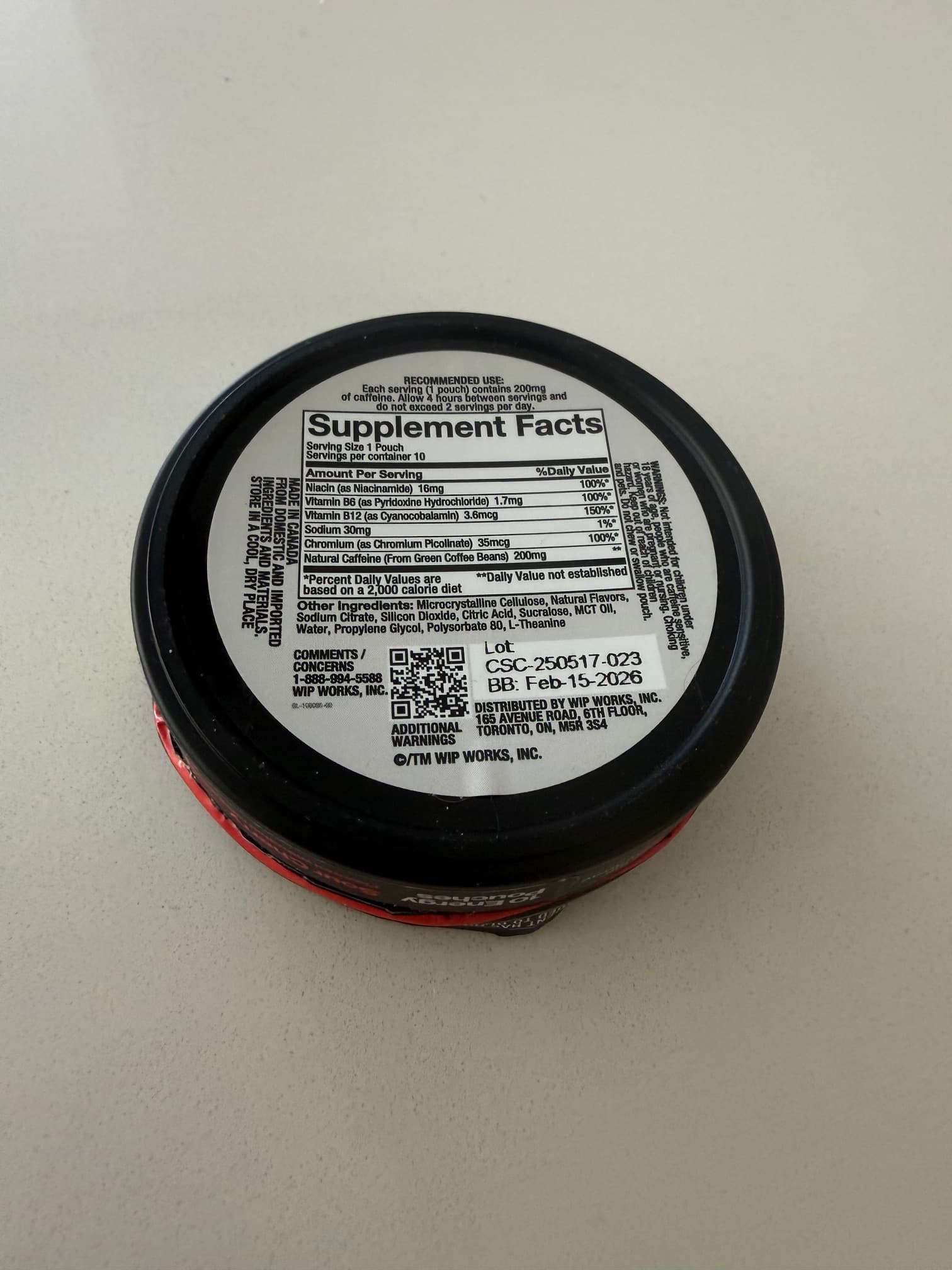 WIP Energy Pouches - Ingredients/Supplement Facts